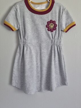 Kids Heather Gray Tee Dress with Maroon & Mustard Trim by Evsie
